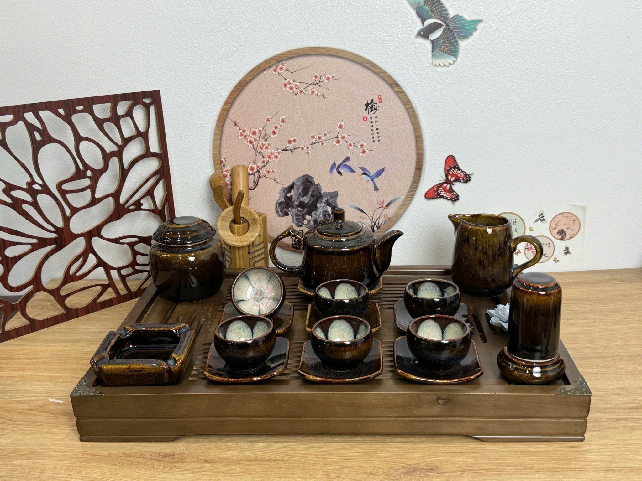 Bộ ấm chén Tống S2 men hổ phách – chén lòng hoa/chén trơn – phụ kiện đầy đủ