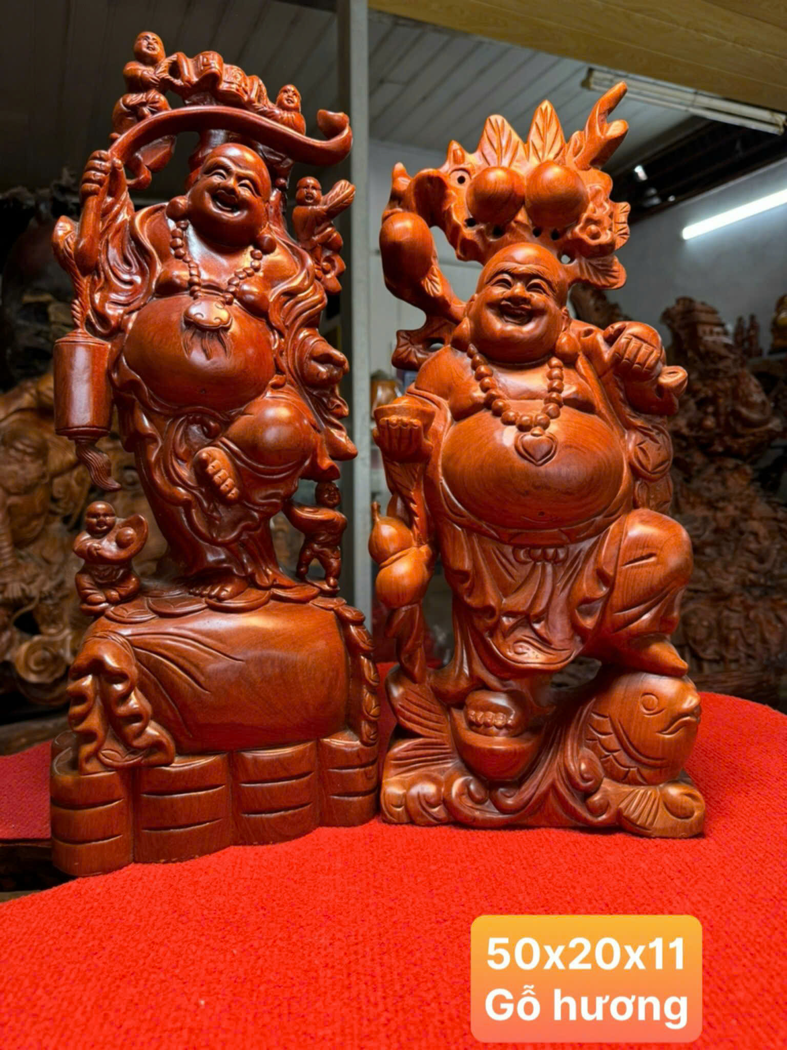 Bộ tượng Cụ Di Lặc Phát Tài gỗ hương cao 50cm – Tún Decor