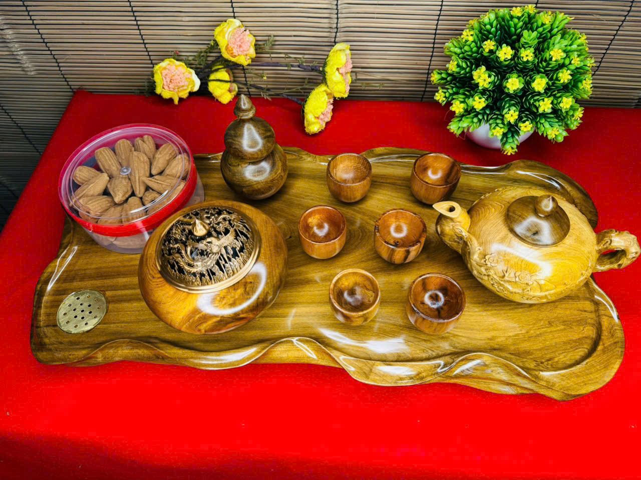 Set khay trà bách xanh vàng sáng – Bộ ấm chén chim hoa – Lư trầm & quà tặng