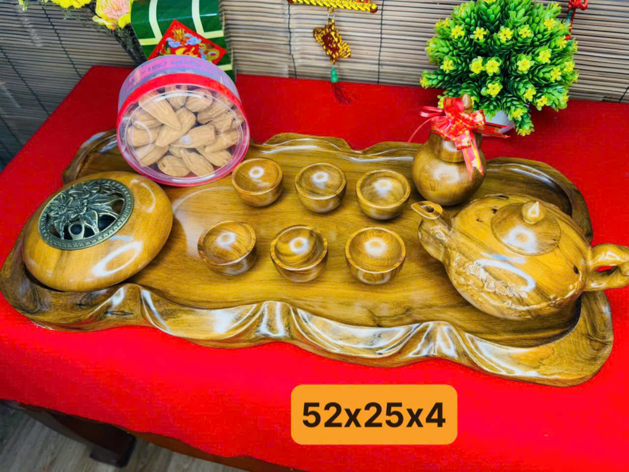 Combo khay trà gỗ bách xanh – ấm chén – lư trầm – nụ Ngọc am