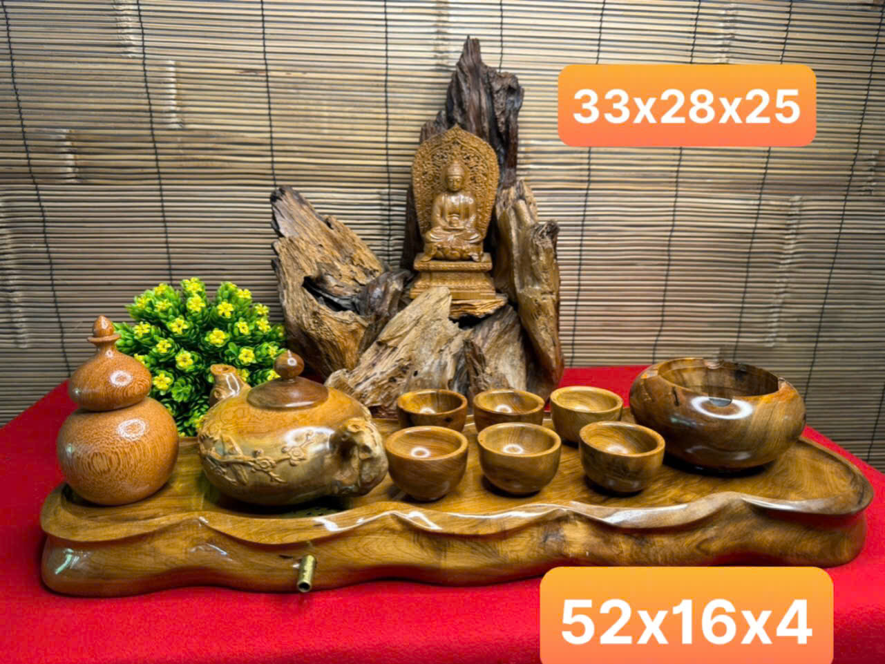 Bộ Phật ông thiền gỗ bách xanh – Khay trà, ấm chén, gạt tàn, decor thiền định