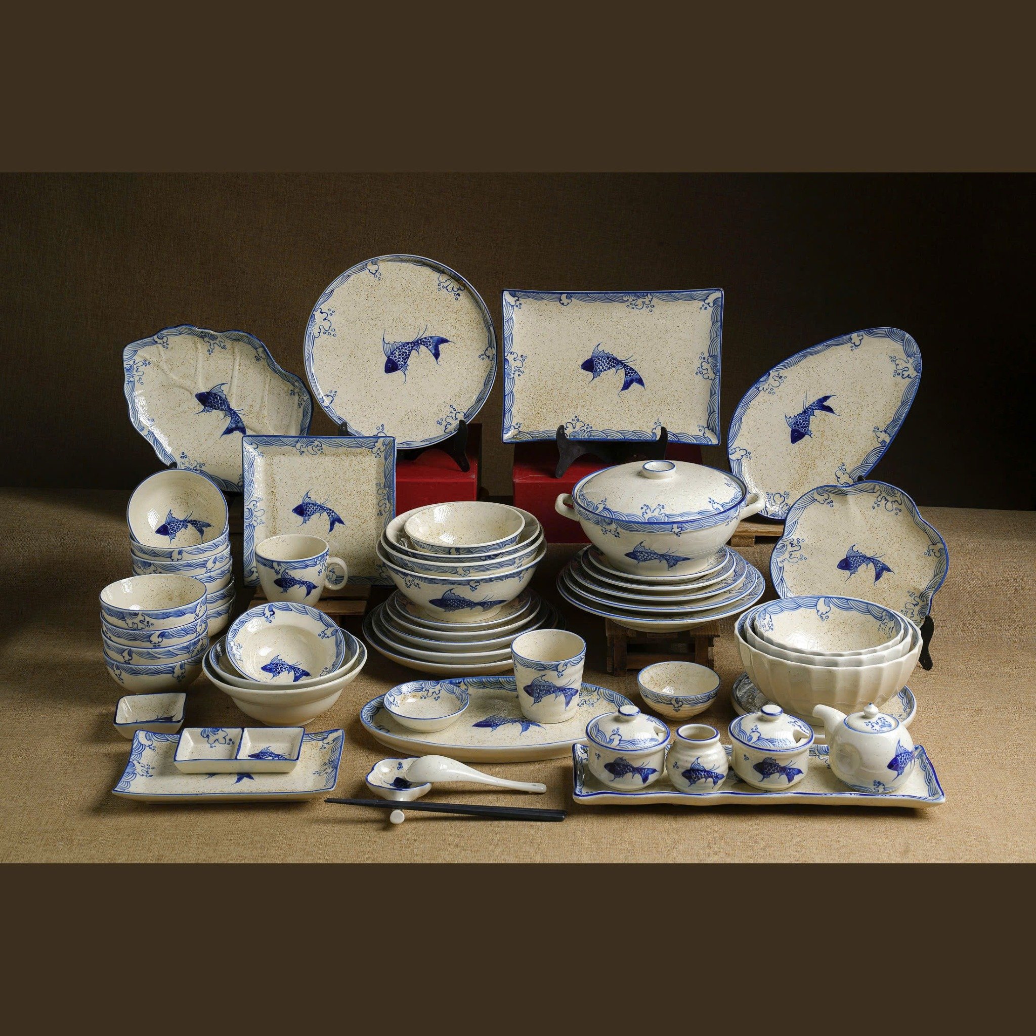 Set bát ăn cá men tiêu vẽ tay Bát Tràng