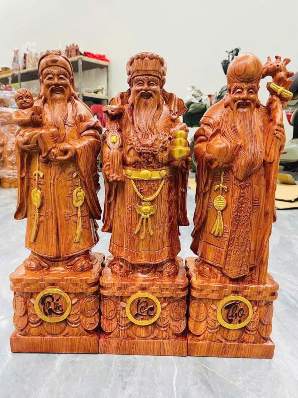 Bộ Tượng Tam Đa Gỗ Hương Đá Liền Khối Cao 40cm – Phong Thủy May Mắn