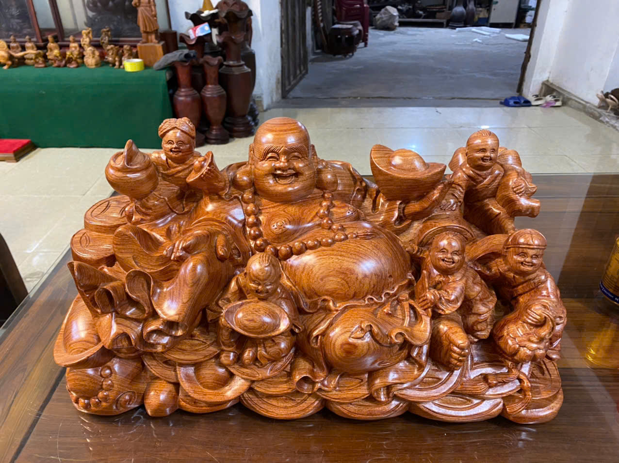 Tượng Di Lặc Ngũ Phúc Gỗ Hương Đá Liền Khối – Vân Đẹp – Dài 50cm