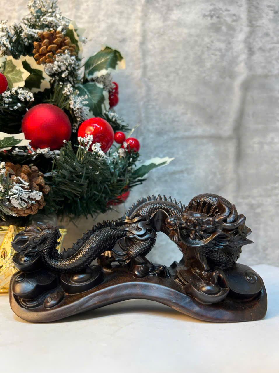 Tượng rồng gỗ mun dài 20cm phong thủy để bàn