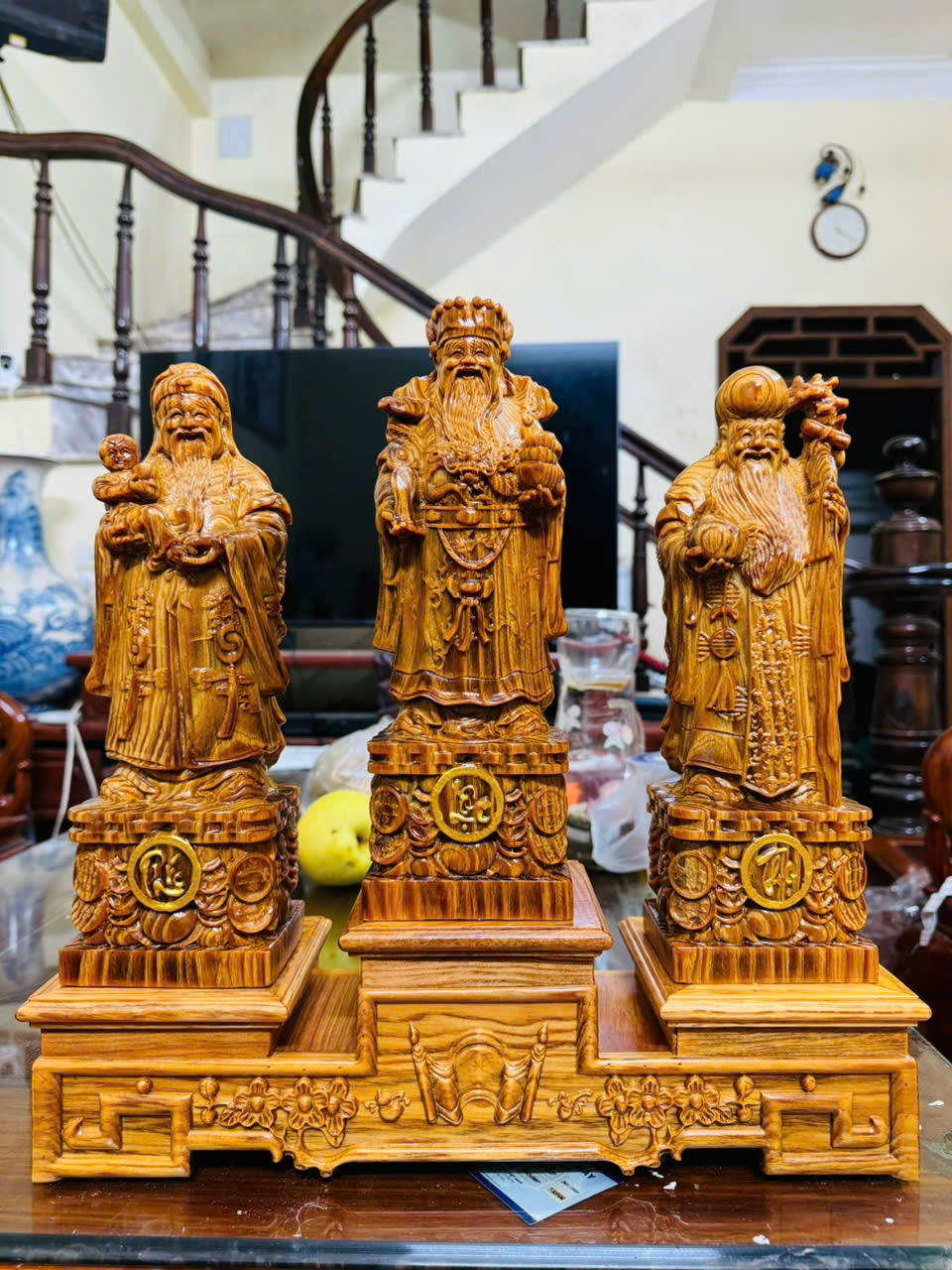 Tượng Tam Đa gỗ Huyết Long mọng dầu cao 30cm – tặng kèm kỷ trưng đẹp