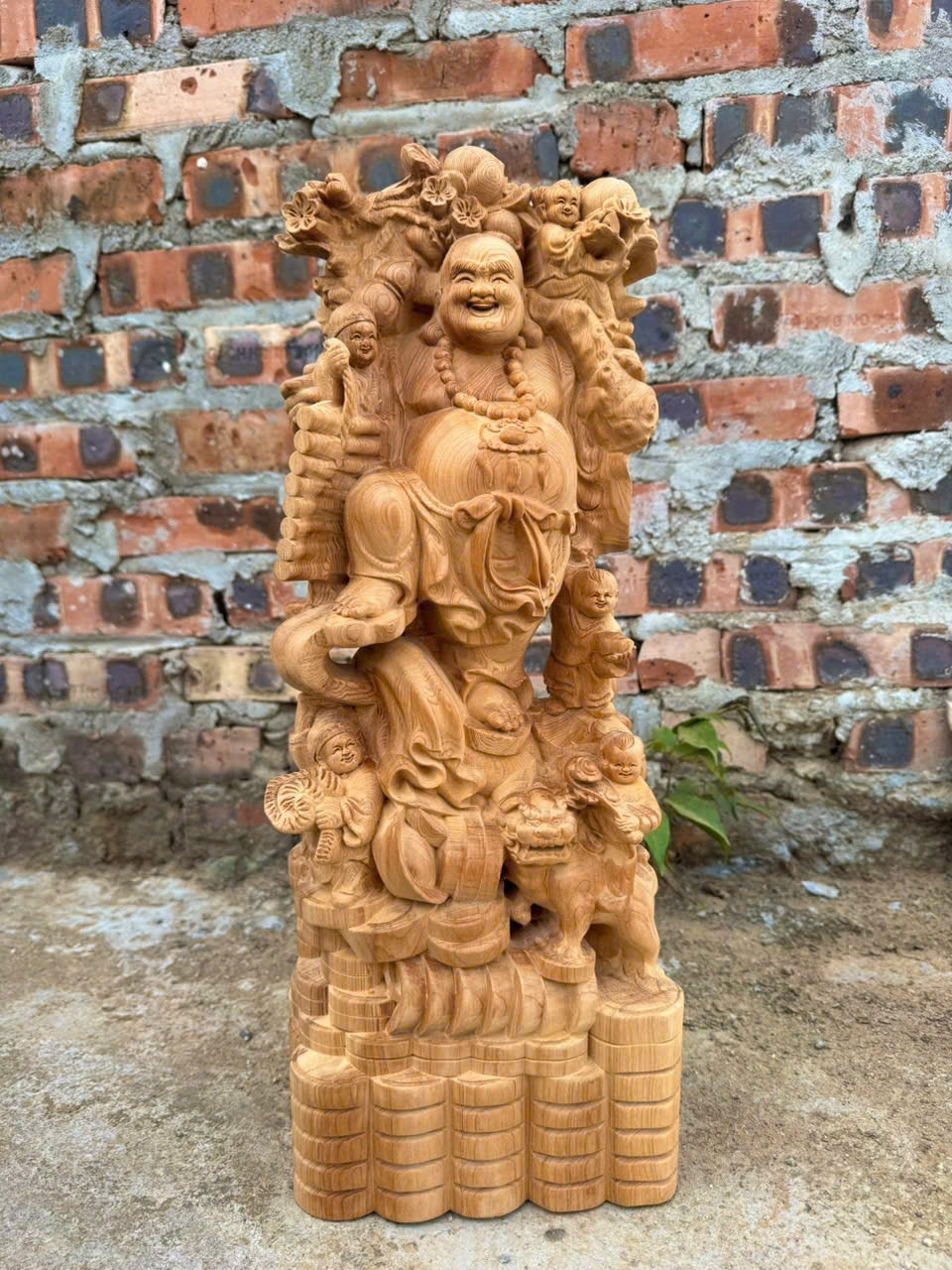 Tượng Di Lặc Ngũ Phúc Gỗ Ngọc Am Liền Khối – Hương Thơm – Cao 50cm