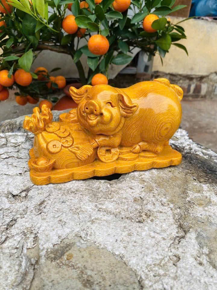 Tượng Heo Tài Lộc phong thủy gỗ bách xanh – ngọc am – pomu nguyên khối