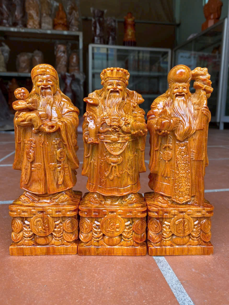 Bộ tượng Tam Đa Phúc Lộc Thọ gỗ huyết long cao 20cm
