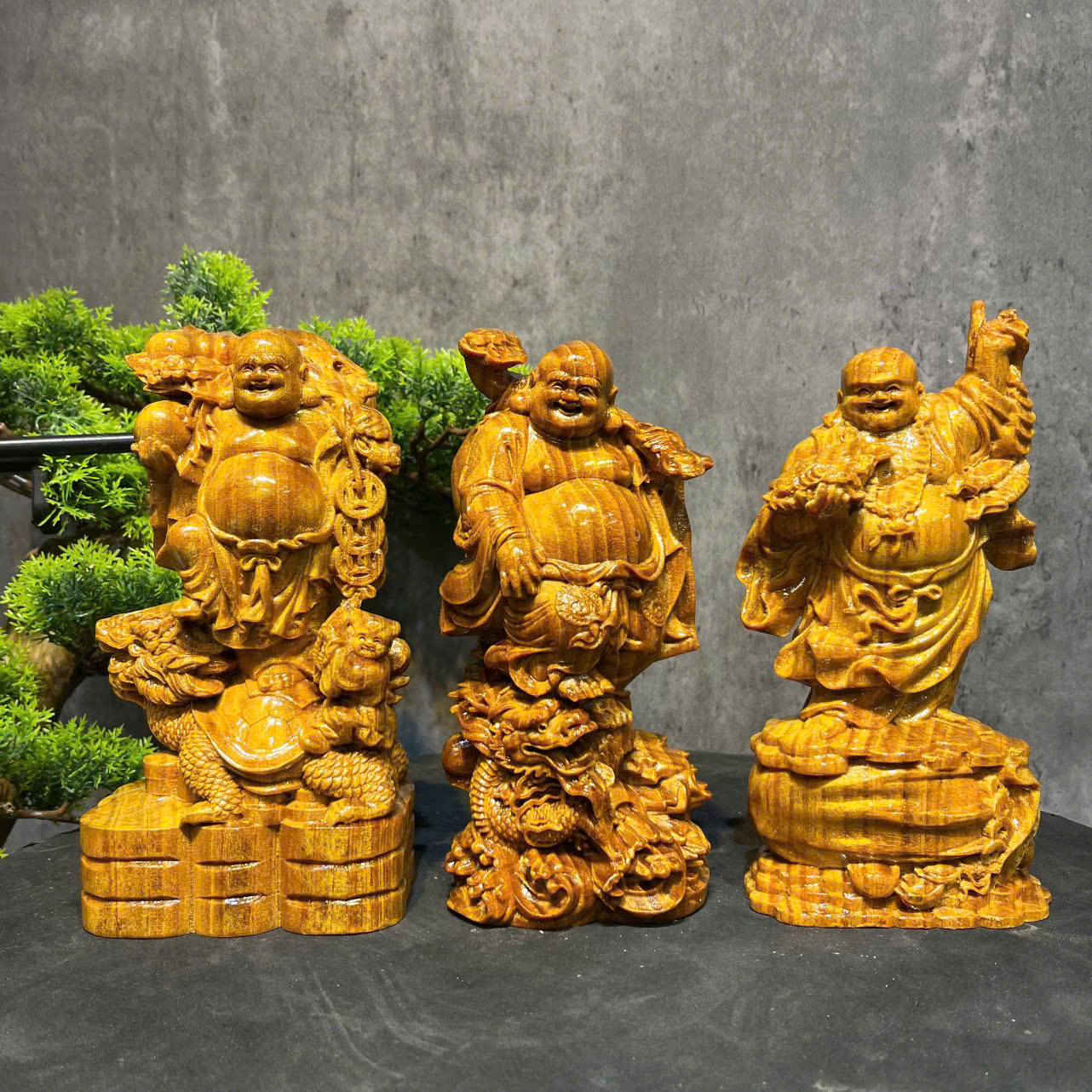 Combo tượng Di Lặc Tài Lộc gỗ huyết long cao 20cm (3 pho)