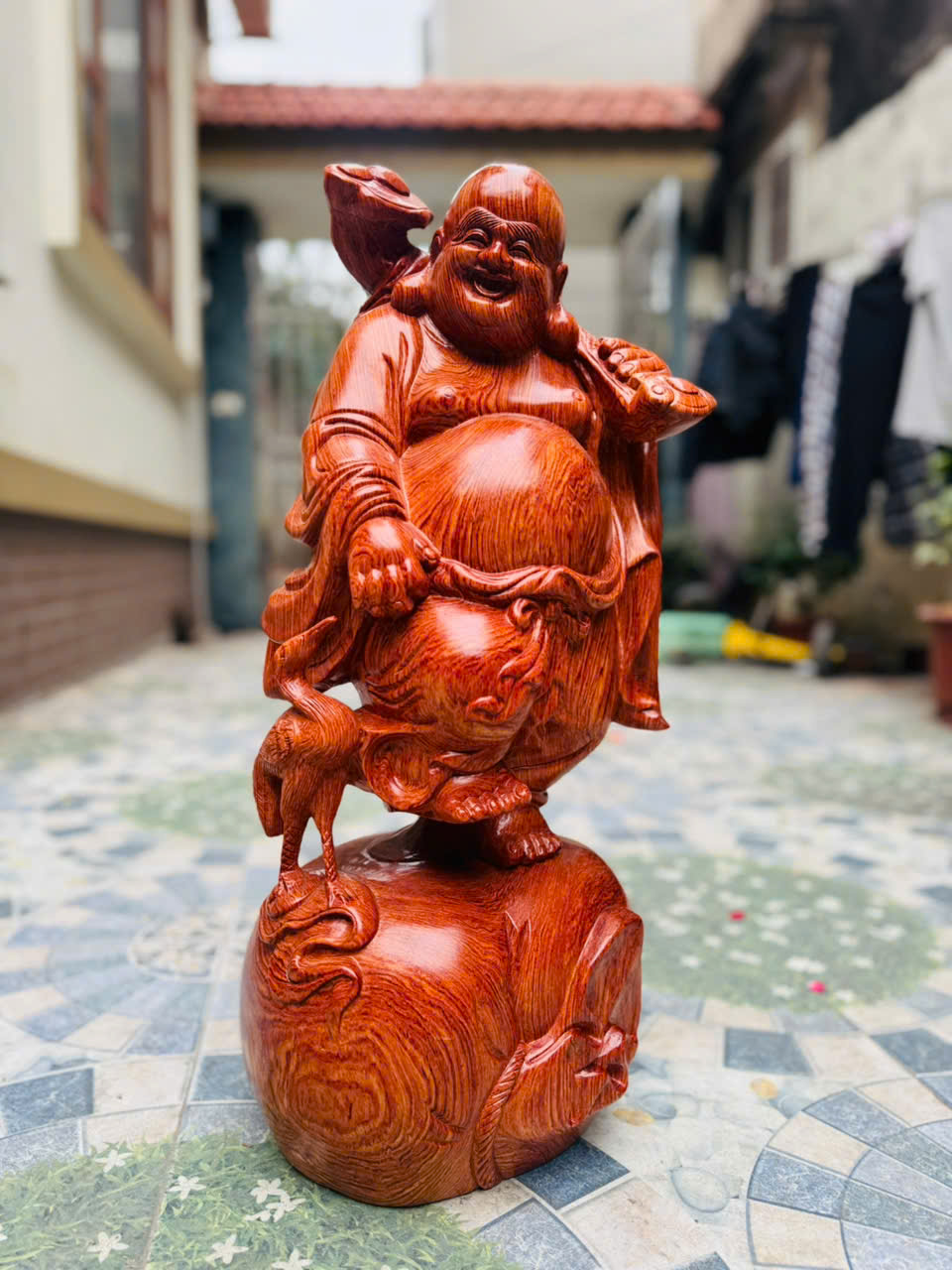 Tượng Di Lặc dắt hạc ngao du gỗ hương đá – cao 60cm