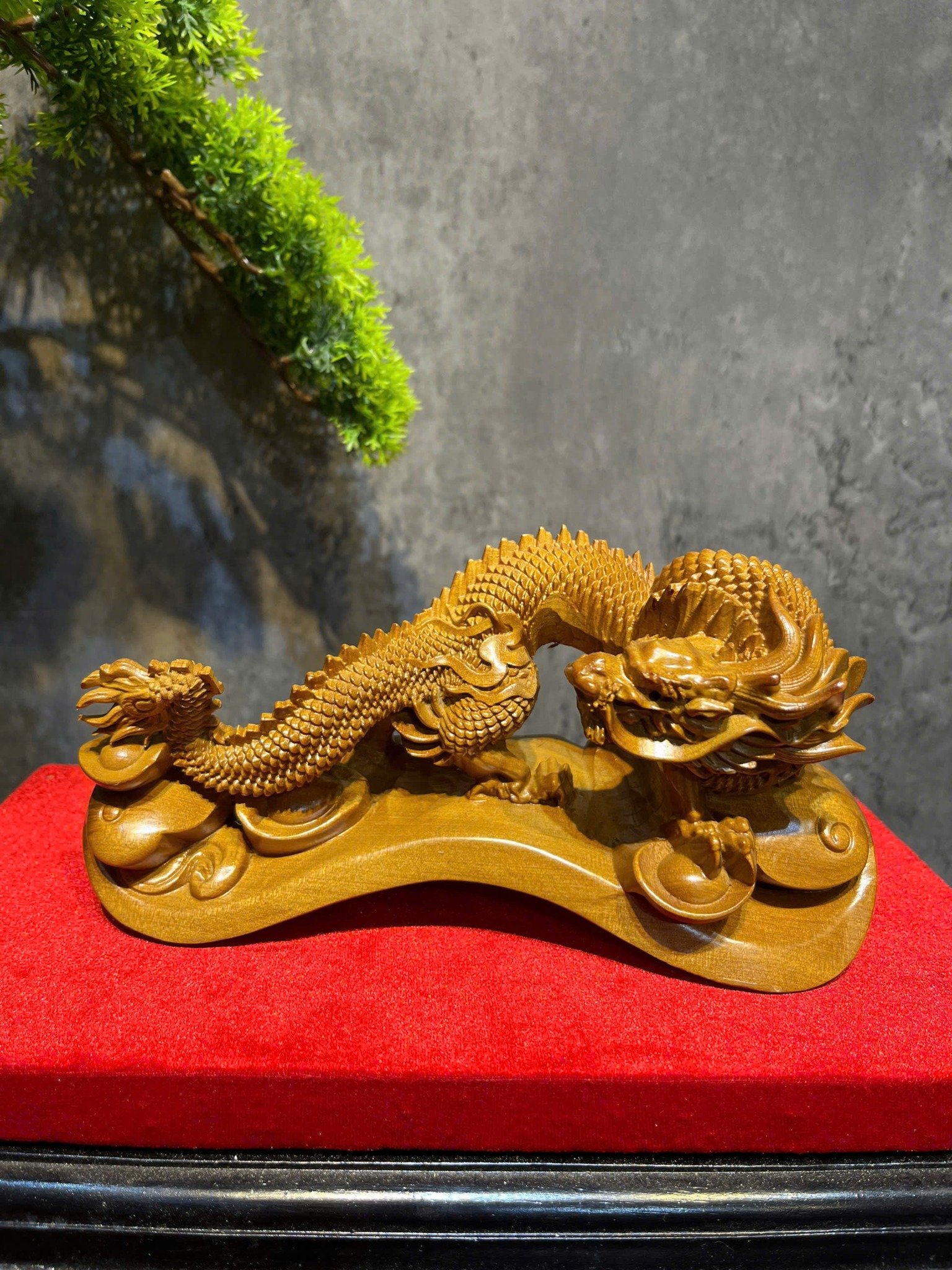 Tượng rồng phong thủy gỗ bách xanh mini trưng bàn làm việc