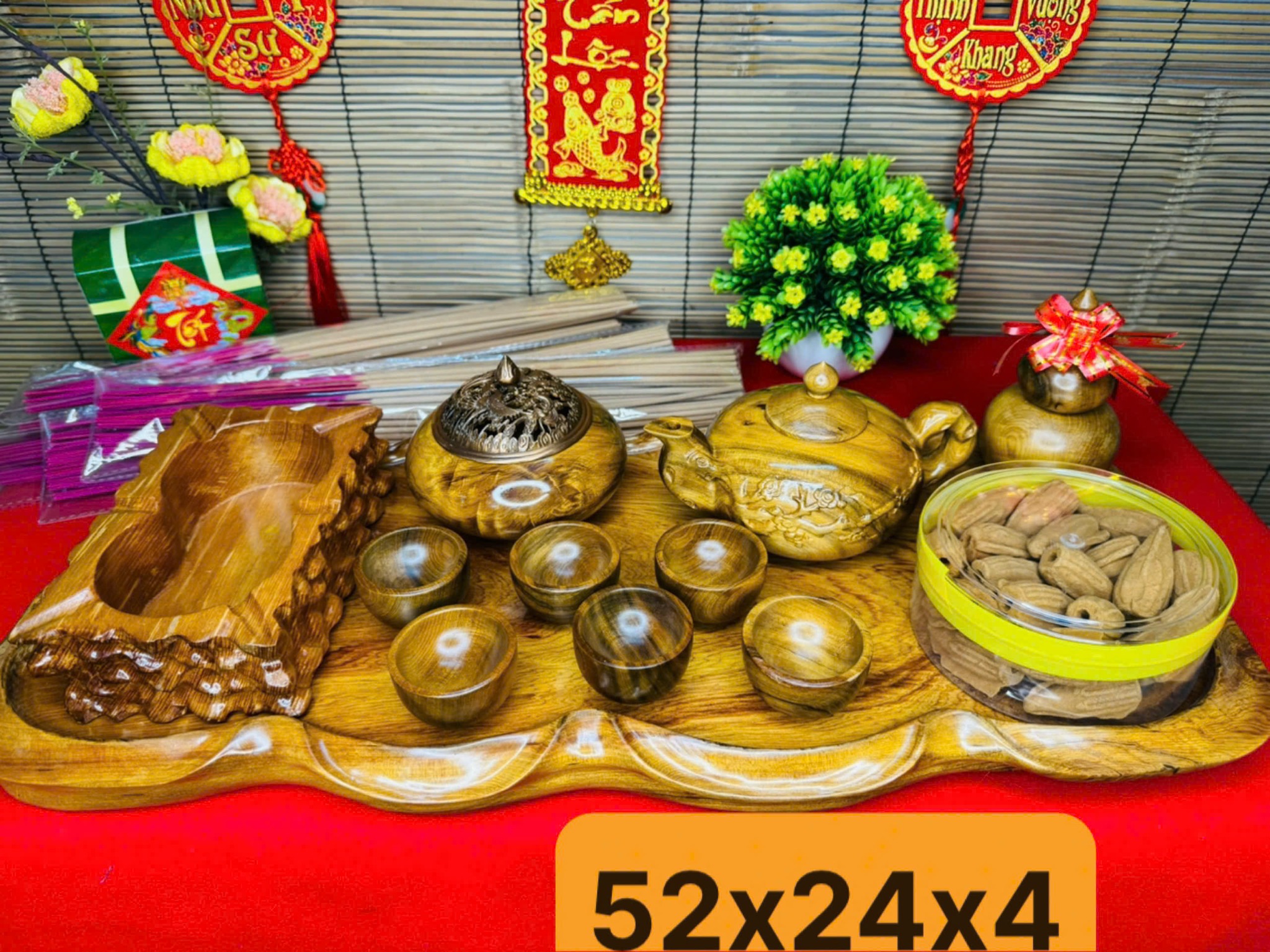 Bộ khay trà – ấm chén – xông trầm gỗ bách xanh cao cấp