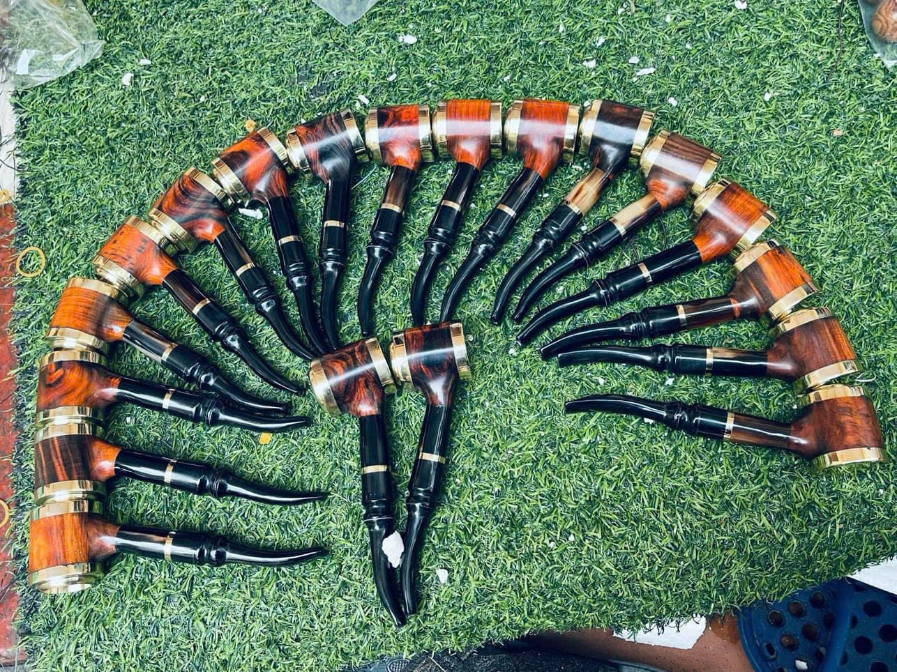 Tẩu hút thuốc trắc đỏ đen Vip bọc vàng mạ 24k cán sừng cao cấp