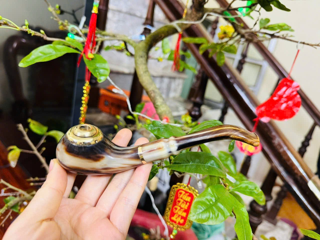 Tẩu hút thuốc sừng tự nhiên siêu VIP 2 cối – Hút được thuốc lá & xì gà