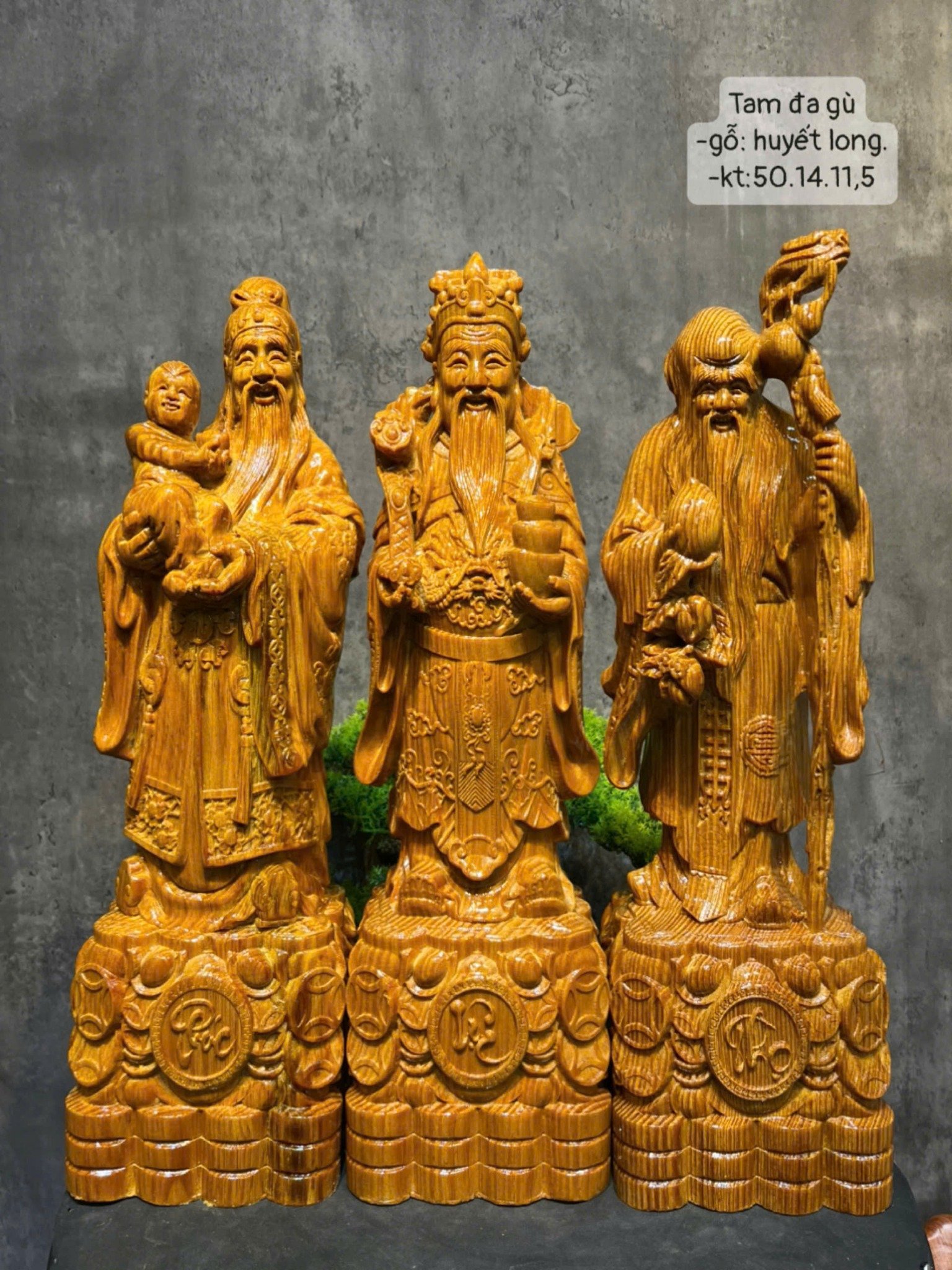 Bộ Tam Đa Gù gỗ Huyết Long cao 50cm – Tượng phong thủy tài lộc