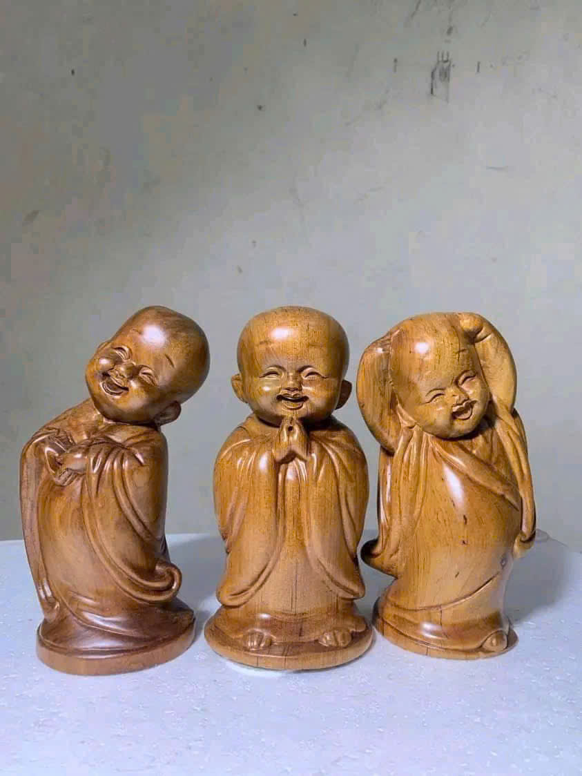 Bộ Tam Không gỗ bách xanh cao 10cm – Đồ decor phong thủy mini