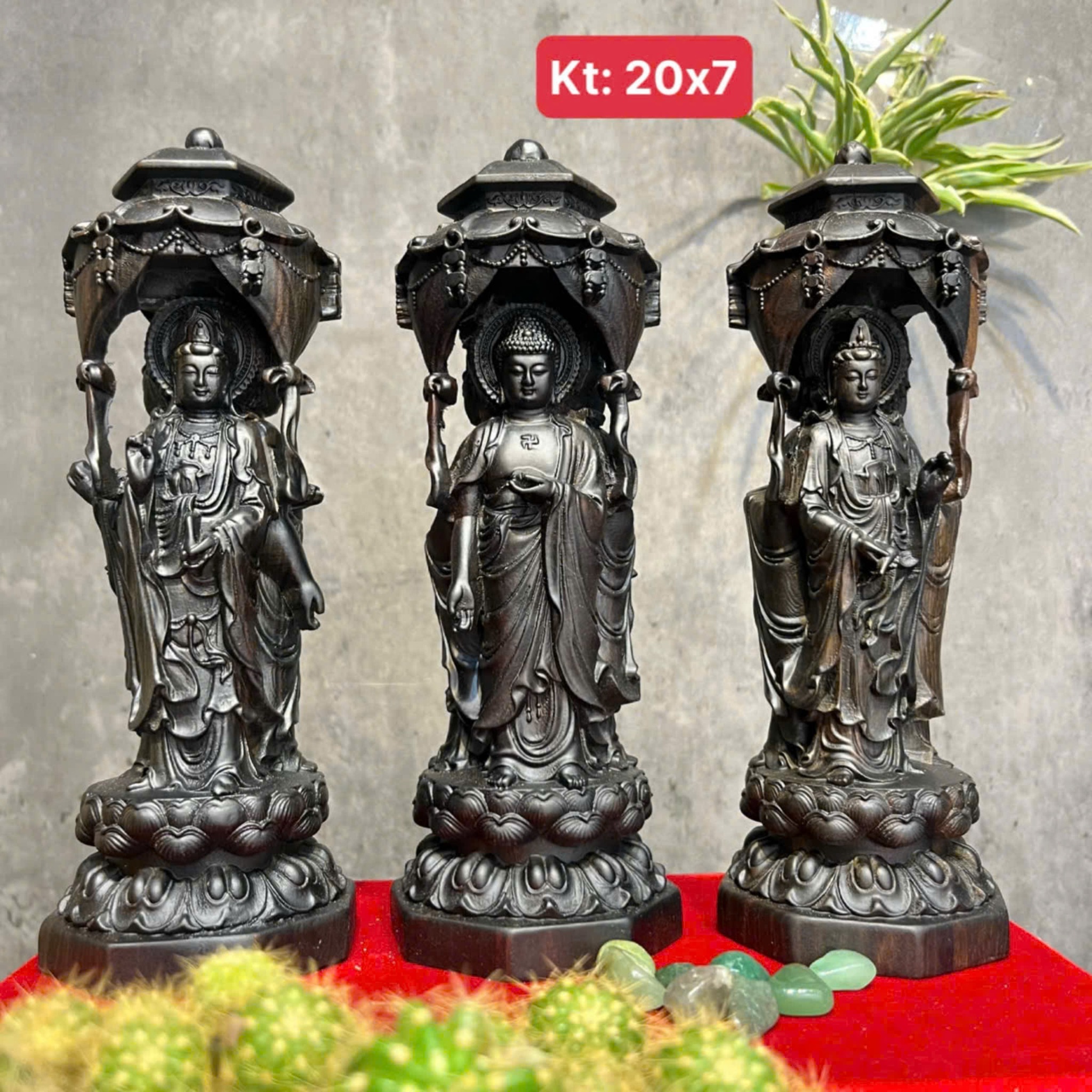 Tượng Tam Thế Phật gỗ mun chạy 3 mặt cao 20cm