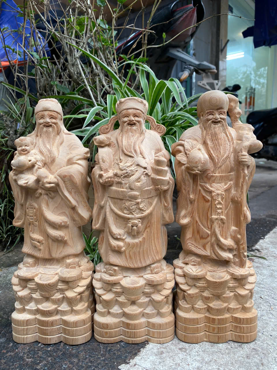 Bộ tượng Tam Đa gỗ ngọc am mộc cao 30cm – Trưng bày phong thủy