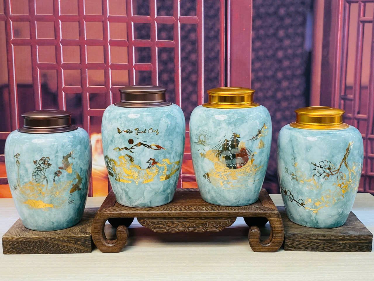 Hộp chè vân đá 300gr họa tiết vẽ vàng kim Bát Tràng – tặng hộp đựng