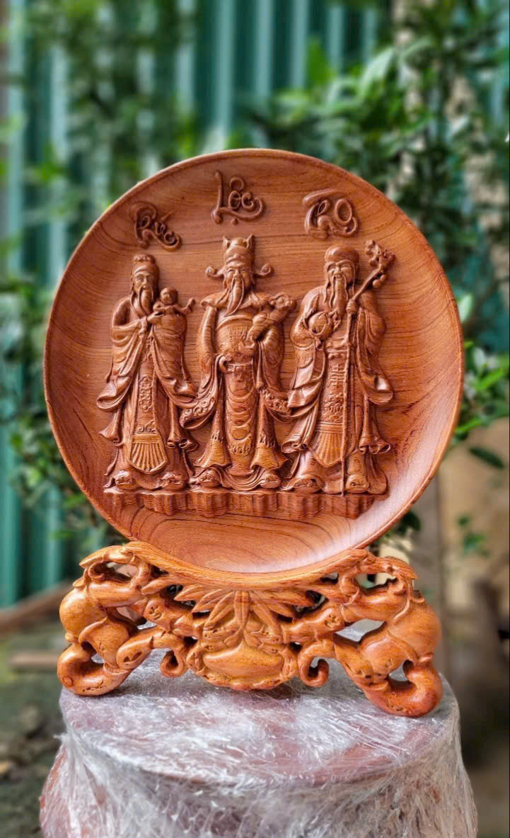 Tranh đĩa Phúc Lộc Thọ gỗ hương đỏ đường kính 30cm