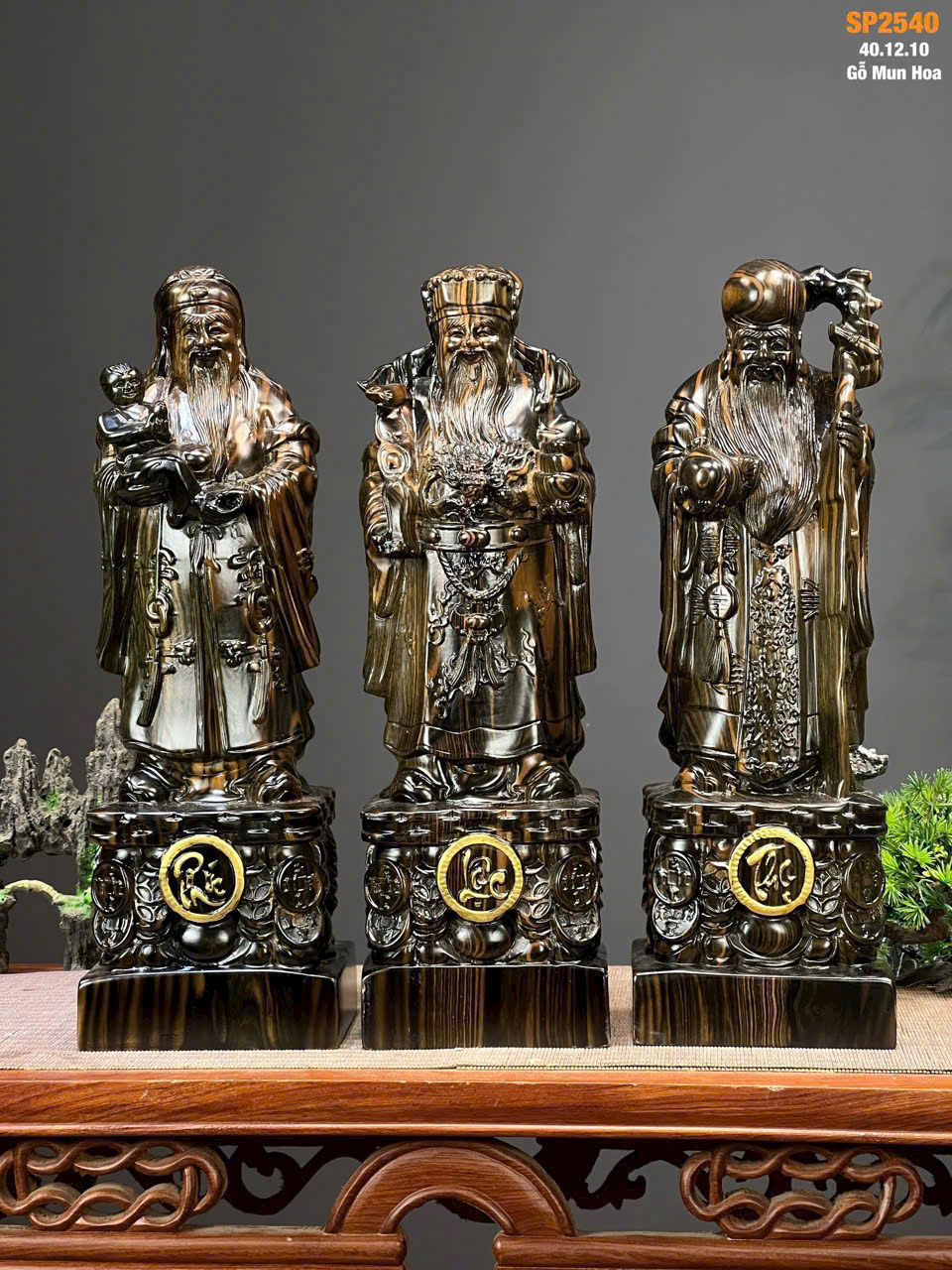 Bộ Tam Đa Phúc Lộc Thọ gỗ mun hoa 40cm – hàng loại 1 đẹp