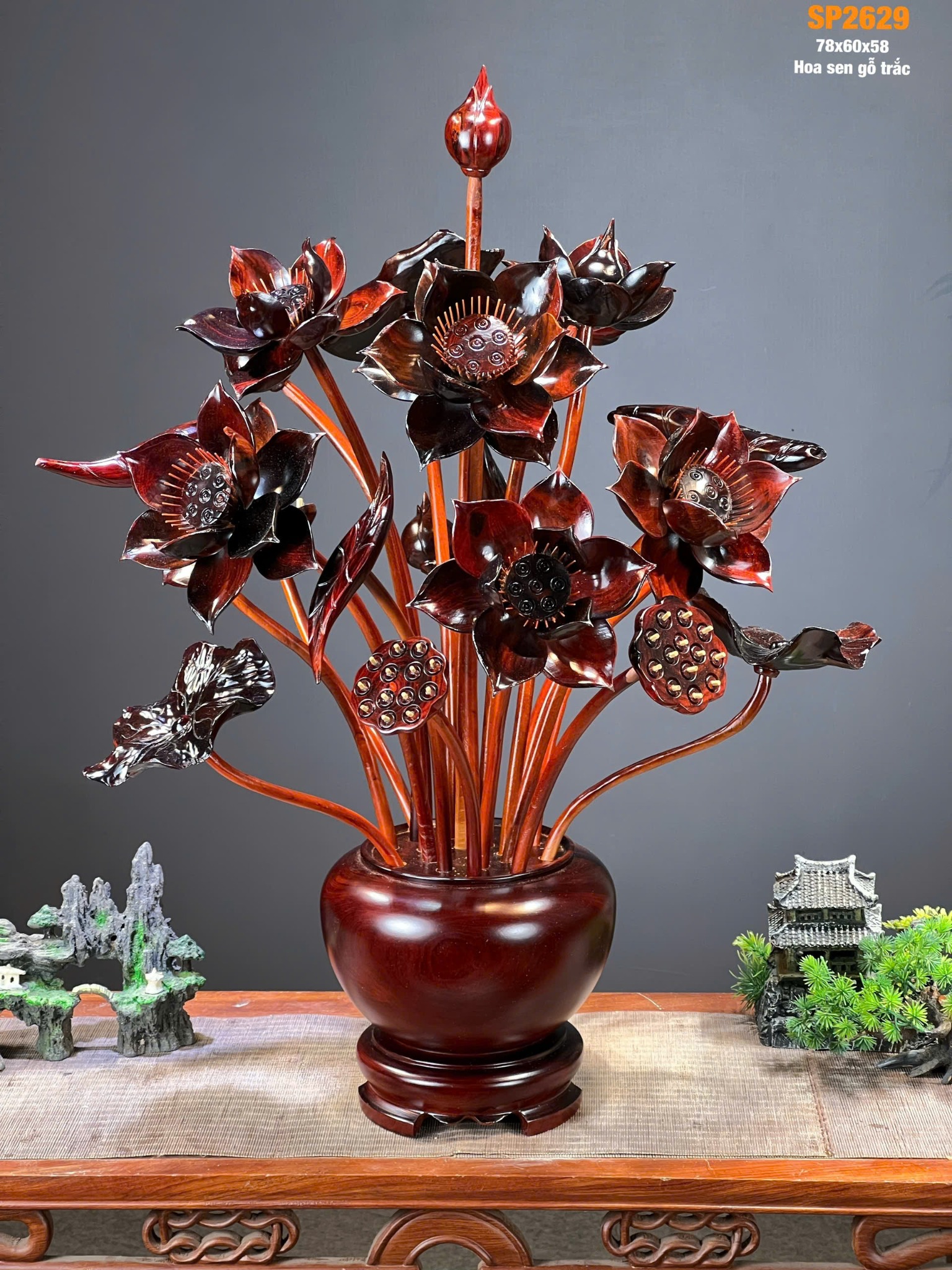 Bình hoa sen Phú Quý gỗ Trắc Ta và Tử Đàn đỏ cao 78cm