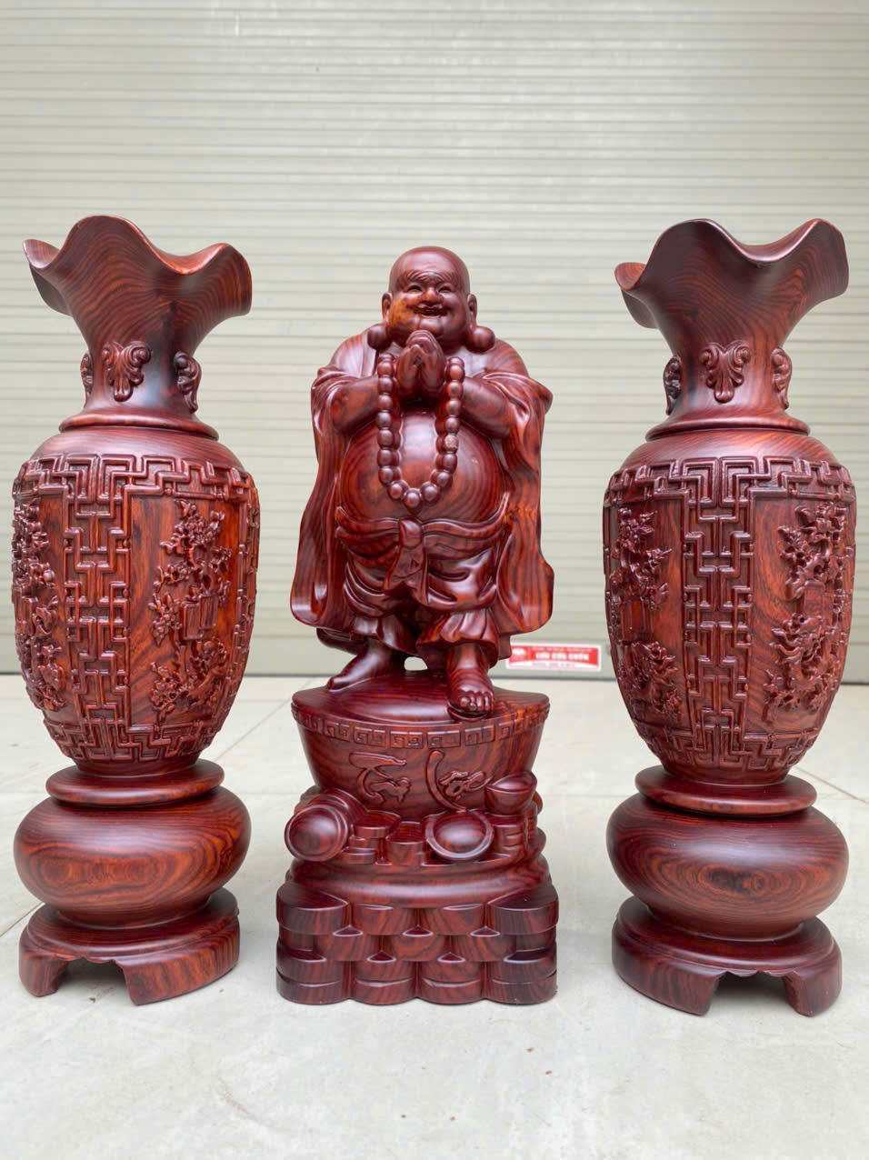 Combo gỗ Trắc siêu vân Di Lặc và đôi Lục Bình cao 30cm