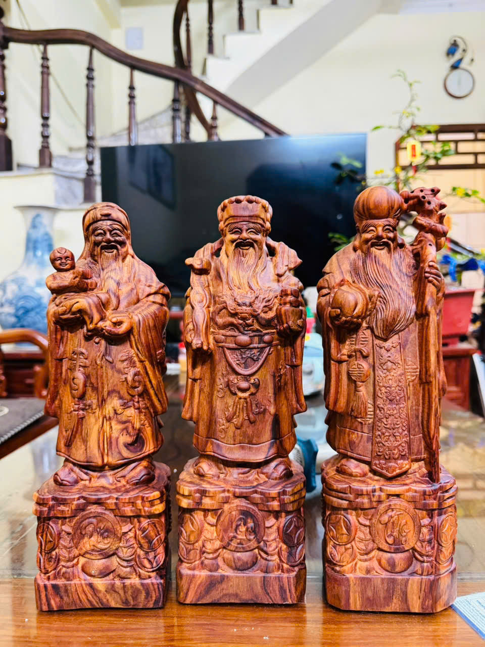 Bộ Tam Đa gỗ sưa già liền khối vân tím phong thủy