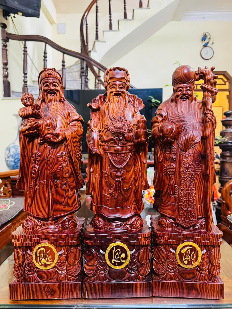 Bộ tượng Tam Đa Phúc Lộc Thọ gỗ trắc liền khối phong thủy