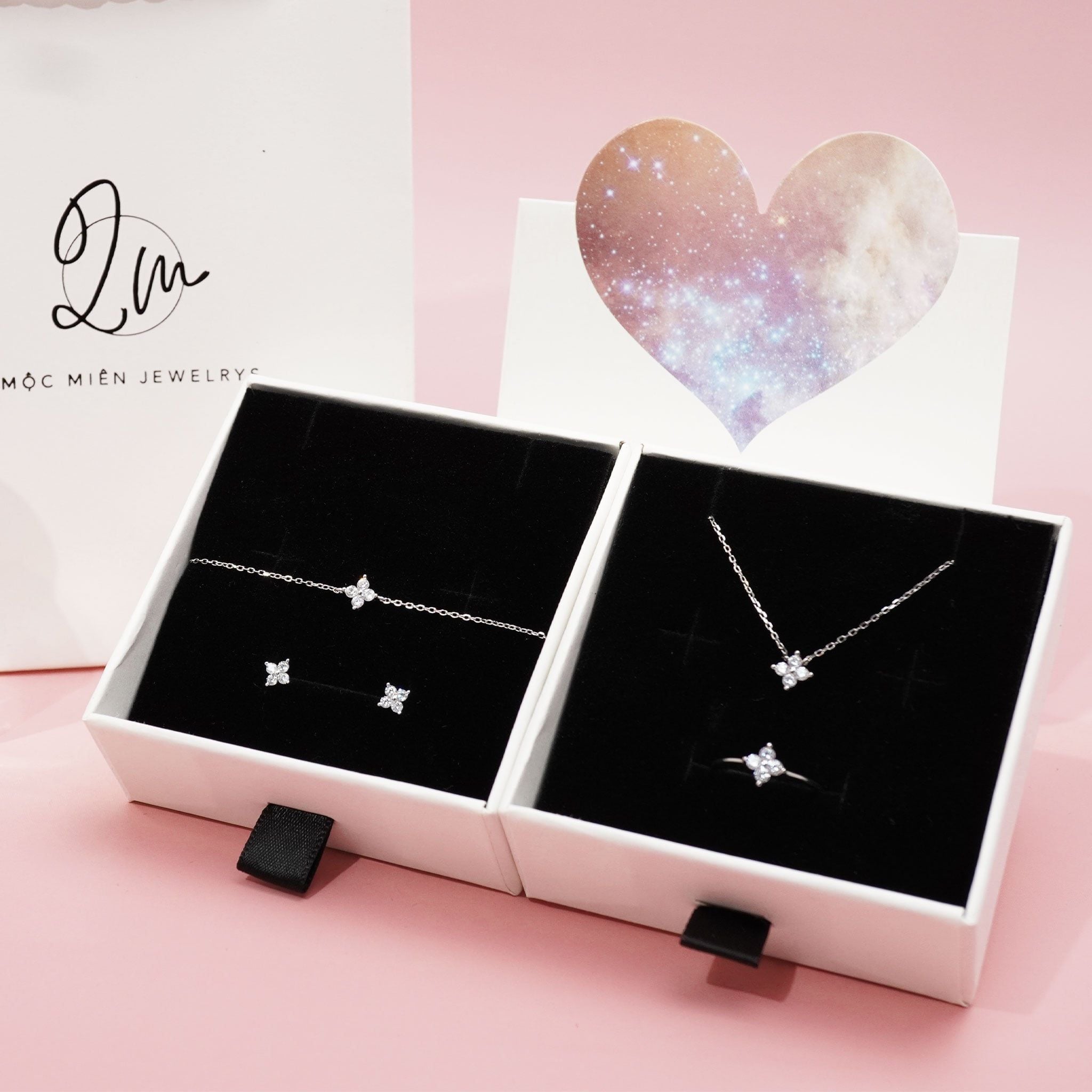 SET Quà Tặng Trang Sức Cao Cấp Cỏ Bốn Lá Đính Đá