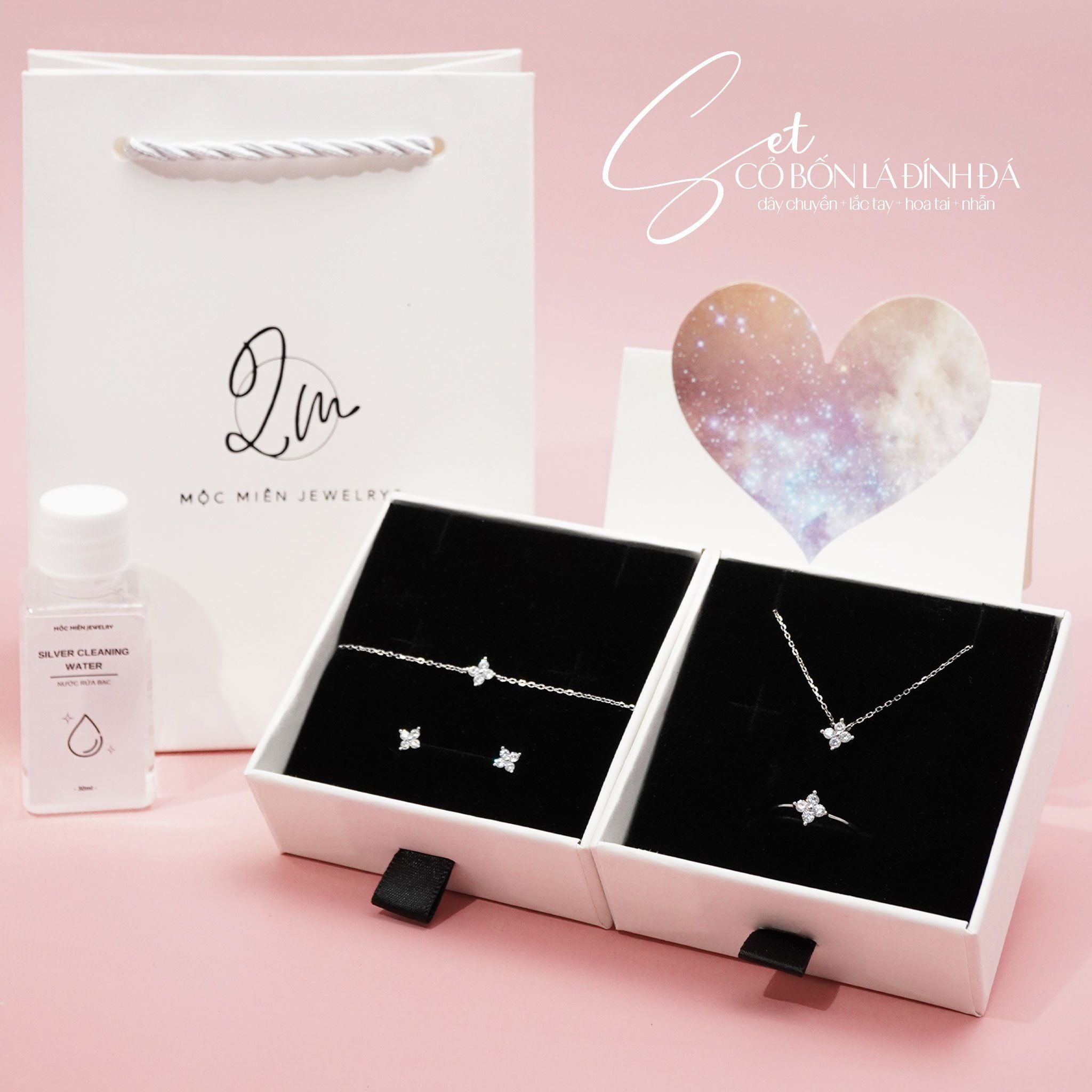 SET Quà Tặng Trang Sức Cao Cấp Cỏ Bốn Lá Đính Đá