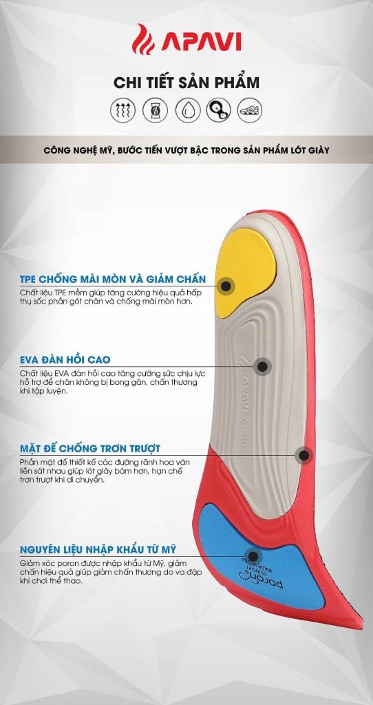 Lót giày thể thao Apavi AI-S02 Poron công nghệ Mỹ, giảm chấn đệm EVA êm chân lỗ thoáng khí trên bề mặt