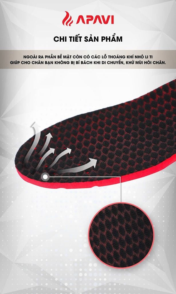 Lót giày thể thao Apavi AI-S02 Poron công nghệ Mỹ, giảm chấn đệm EVA êm chân lỗ thoáng khí trên bề mặt