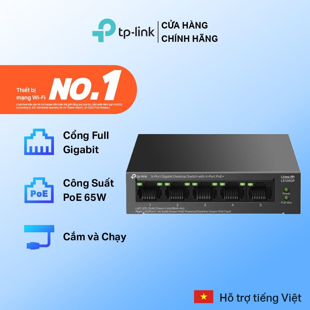  Switch PoE Gigabit TP-Link LiteWave LS105GP | 5 Cổng (4 PoE+), Công Suất 65W, Truyền Xa 250m 