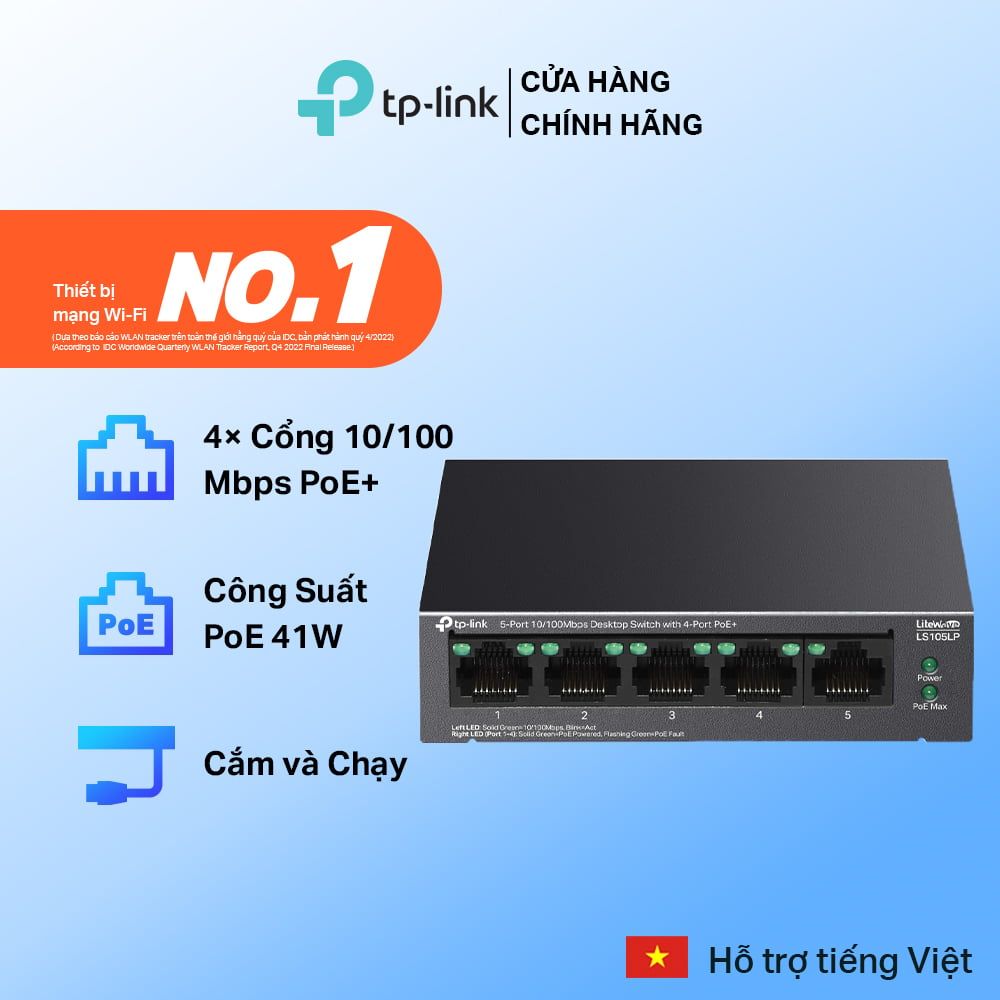  Switch PoE TP-Link LS105LP | 5 Cổng 10/100Mbps, 4 Cổng PoE+ 41W, Truyền Xa 250m 