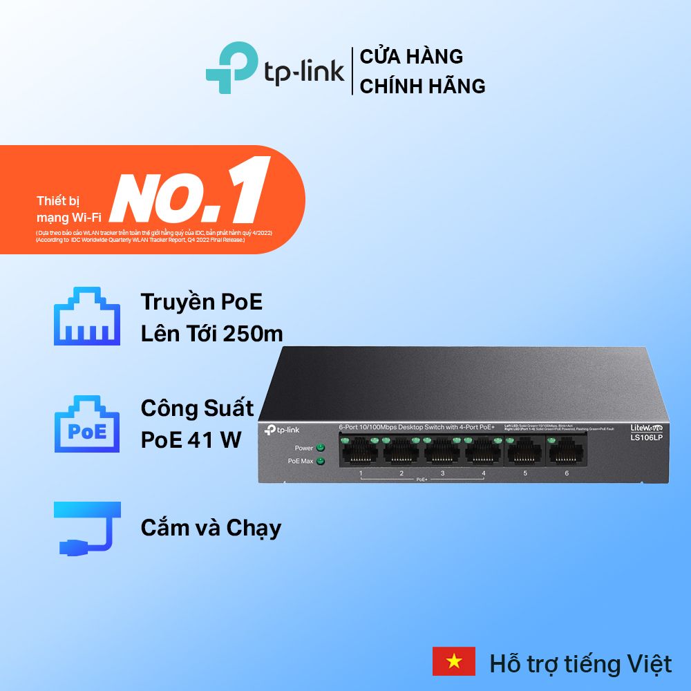  Switch PoE Để Bàn TP-Link LS106LP | 6 Cổng 10/100Mbps, 4 Cổng PoE 41W, Truyền Xa 250m 
