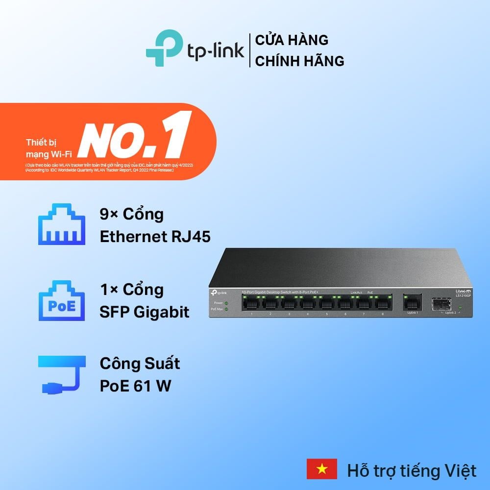  Switch TP-Link LS1210GP 10 Cổng Gigabit 8 Cổng PoE+ | Công Suất 61W, Truyền Xa 250m, Vỏ Kim Loại Bền Bỉ 