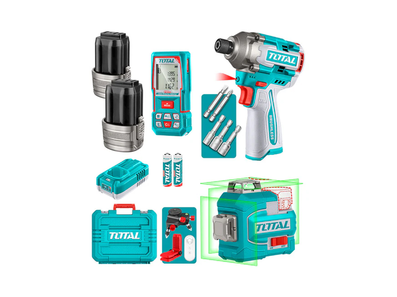  Combo máy vặn vít TIRLI16171 và Máy cân mục laser xanh TLL301200, Máy đo khoảng cách tia laser TMT51036 Total TOSLI250886 