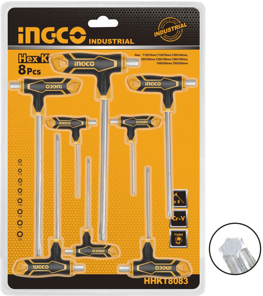  T10-T50 Bộ 8 chìa lục giác tay cầm chữ T đầu hoa thị INGCO HHKT8083 