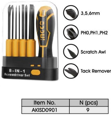  Bộ đầu tuốc nơ vít 8 chi tiết INGCO AKISD0901 