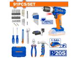  Bộ 91 món dụng cụ gồm Máy khoan búa dùng pin Lithium-ion 20V WadFow WDT1B90 