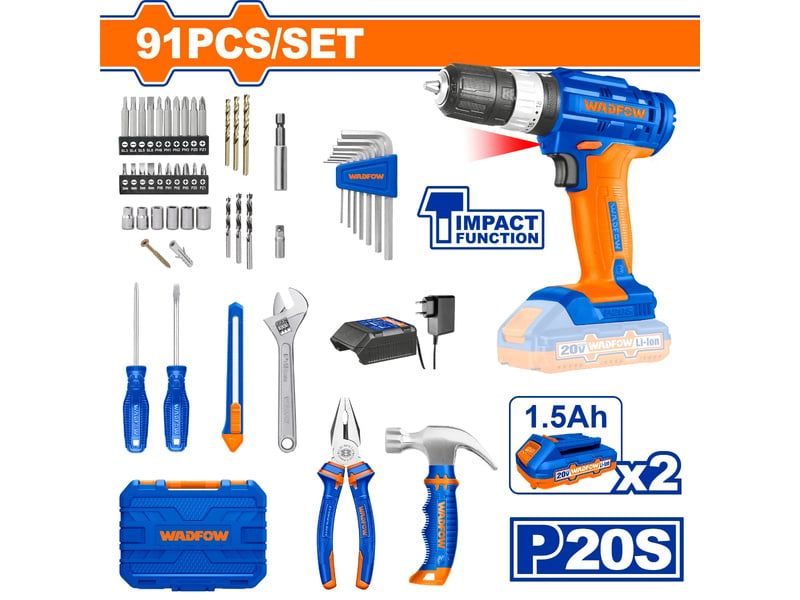  Bộ 91 món dụng cụ gồm Máy khoan búa dùng pin Lithium-ion 20V WadFow WDT1B90 