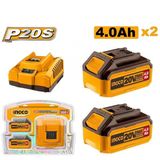  Bộ 2 pin 4.0Ah (FBLI20021) và 1 đầu sạc (FCLI2001) Lithium-Ion P20S 20V INGCO FBCPK1424 