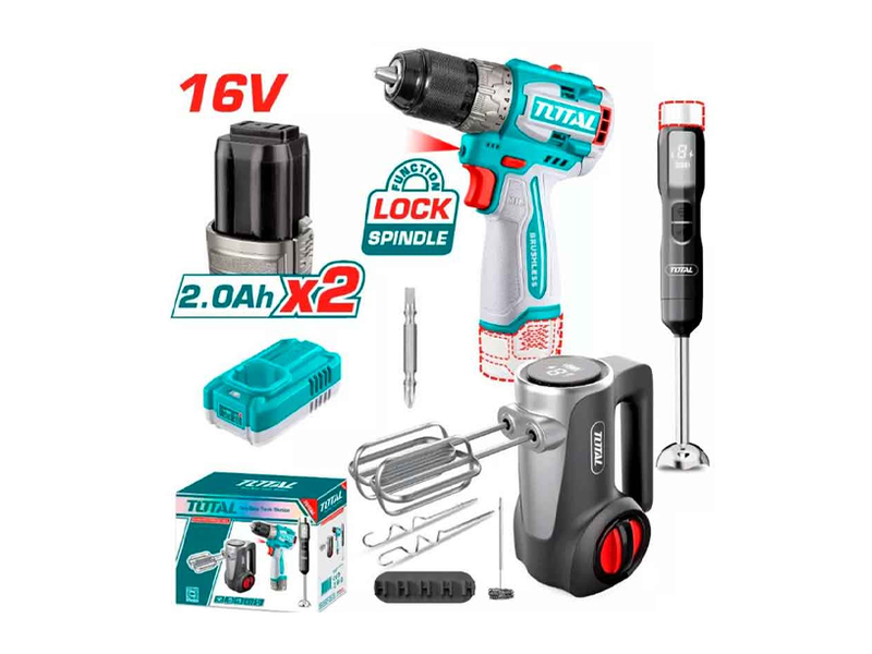  Bộ combo 3 trong 1 máy khoan dùng pin 16V TDLI16682 Total TCKLI1638 (2 Pin 2.0Ah, 1 Sạc) 