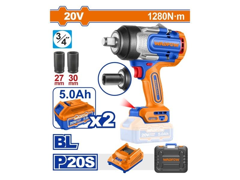  1280Nm Máy vặn bu lông dùng pin 20V Wadfow WCD1B128 (2 Pin 5.0Ah, 1 Sạc) 