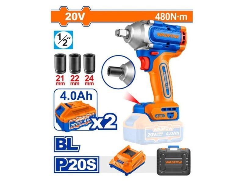 Máy vặn bu lông dùng pin 20V Wadfow WCD1B483 (2 Pin 4.0Ah, 1 Sạc) 