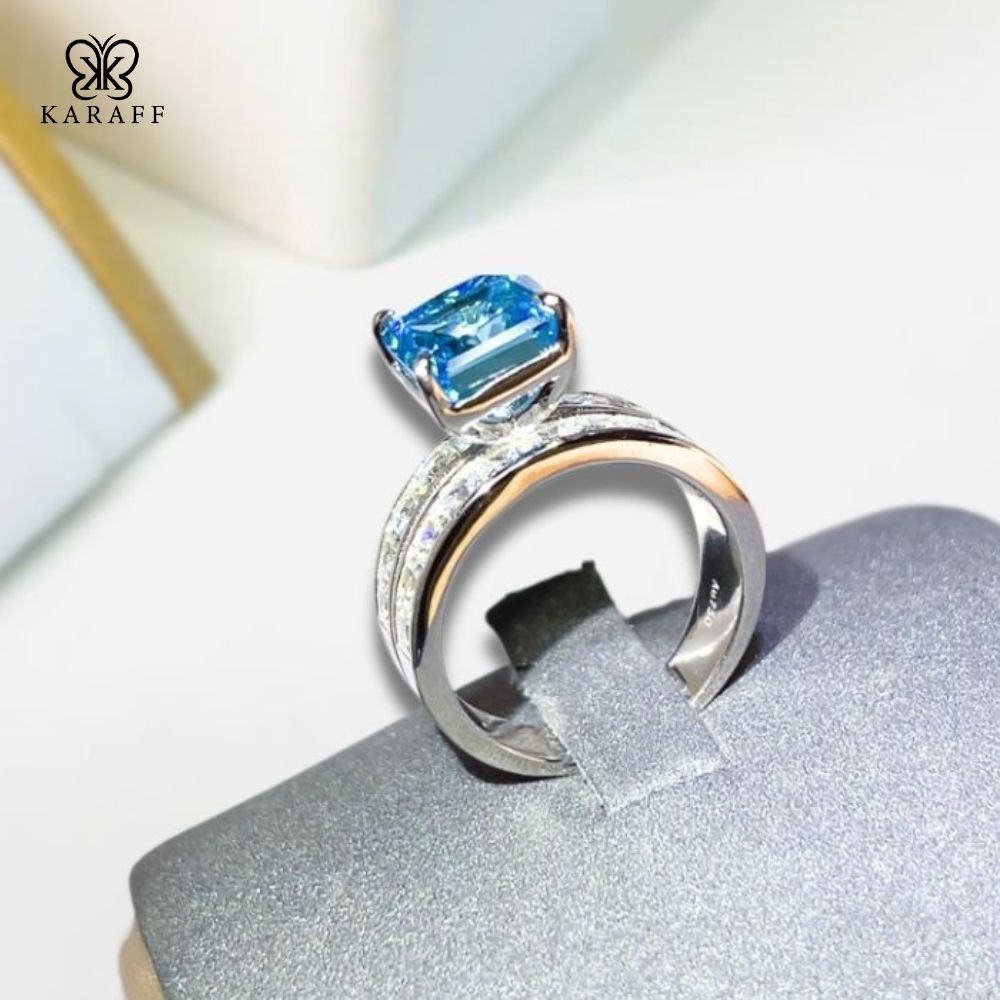  Nhẫn Nam Moissanite 3 Carat Aquamarine - Trang Sức Bạc 925 Mạ Rhodium 