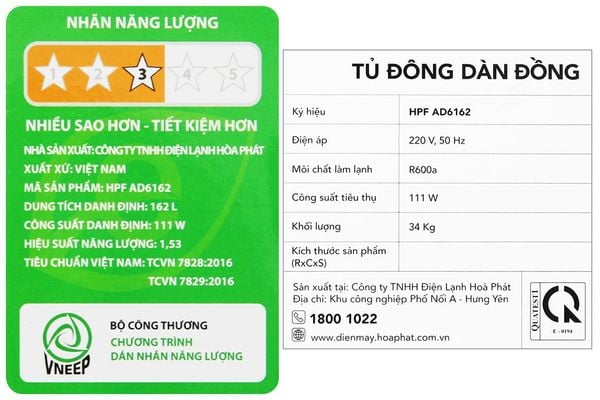 Tủ đông Hòa Phát 162 Lít HPF AD6162
