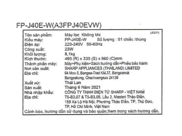 Máy lọc không khí Sharp FP-J40E-W